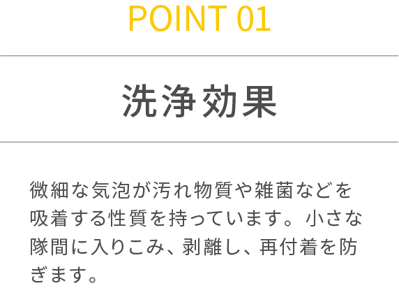 POINT 01 洗浄効果 微細な気泡が汚れ物質や雑菌などを吸着する性質を持っています。小さな隊間に入りこみ、剥離し、再付着を防ぎます。