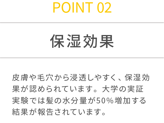 POINT 02 保湿効果 皮膚や毛穴から浸透しやすく、保湿効果が認められています。大学の実証実験では髪の水分量が50%増加する結果が報告されています。