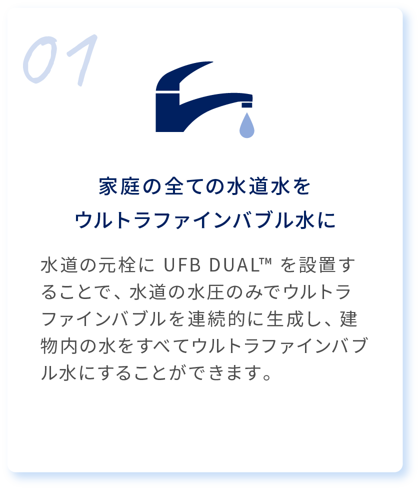 01 家庭の全ての水道水を ウルトラファインバブル水に 水道の元栓に UFB DUAL™ を設置することで、水道の水圧のみでウルトラファインバブルを連続的に生成し、建物内の水をすべてウルトラファインバブル水にすることができます。