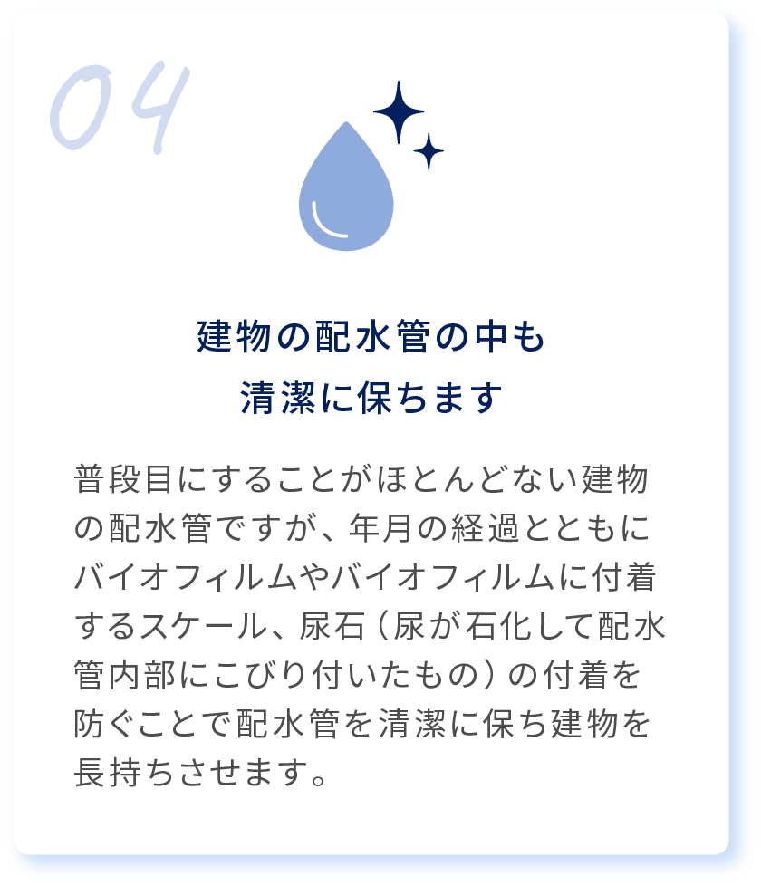 04 建物の配水管の中も清潔に保ちます 普段目にすることがほとんどない建物の配水管ですが、年月の経過とともにバイオフィルムやバイオフィルムに付着するスケール、尿石（尿が石化して配水管内部にこびり付いたもの）の付着を防ぐことで配水管を清潔に保ち建物を長持ちさせます。