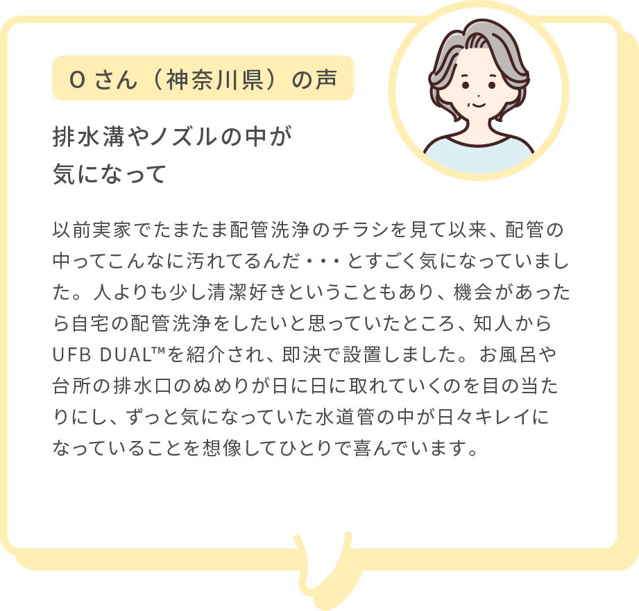 Oさん（神奈川県）の声 排水溝やノズルの中が気になって 以前実家でたまたま配管洗浄のチラシを見て以来、配管の中ってこんなに汚れてるんだ・・・とすごく気になっていました。人よりも少し清潔好きということもあり、機会があったら自宅の配管洗浄をしたいと思っていたところ、知人からUFB DUAL™を紹介され、即決で設置しました。お風呂や台所の排水口のぬめりが日に日に取れていくのを目の当たりにし、ずっと気になっていた水道管の中が日々キレイになっていることを想像してひとりで喜んでいます。